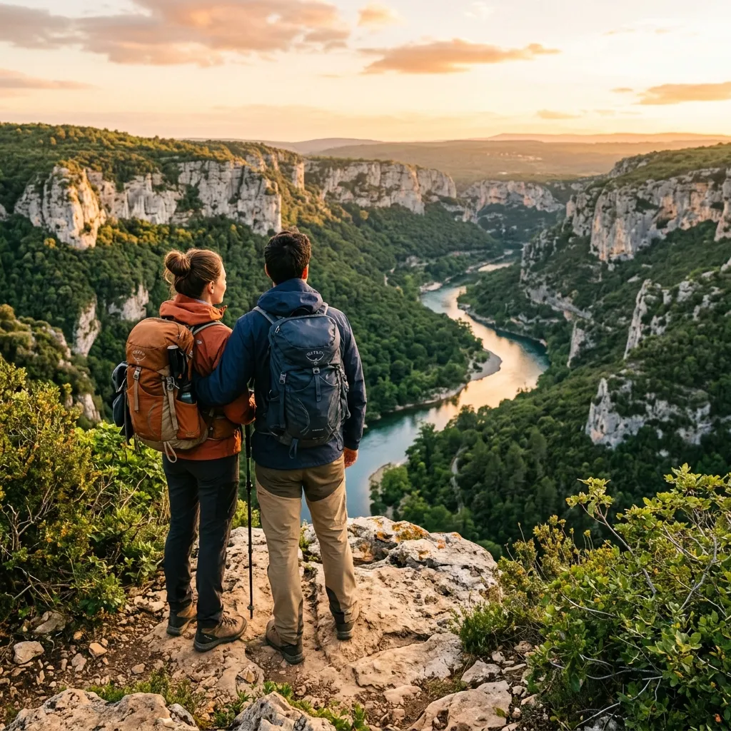 Fondateurs explorant la nature d'Ardèche au coucher du soleil